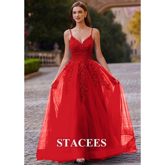 Prom Red A-line Princess V Neck Sweep Train Tulle Dress - Picture 2 of 3